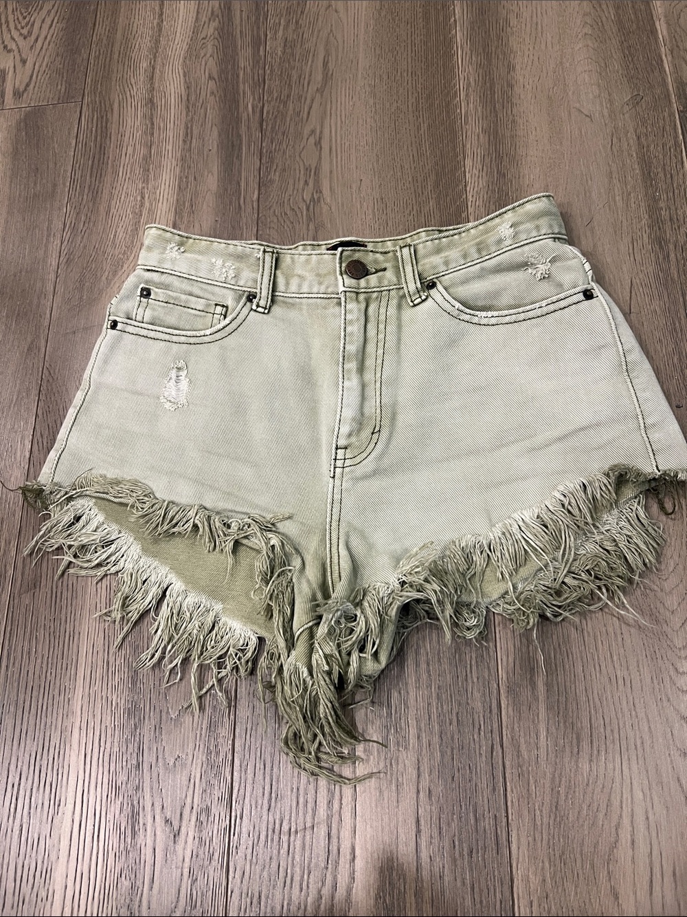 BDG Sage Green High-Rise Distressed Frayed Hem Jean Shorts